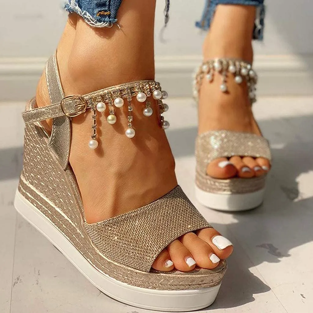 HINDOLA Women's Espadrille Wedge Platform Sandals Summer Dressy with Pearl Open Toe Beach Shoes Ankle Strap Buckle High Heels Sandals