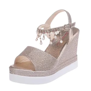 HINDOLA Women's Espadrille Wedge Platform Sandals Summer Dressy with Pearl Open Toe Beach Shoes Ankle Strap Buckle High Heels Sandals