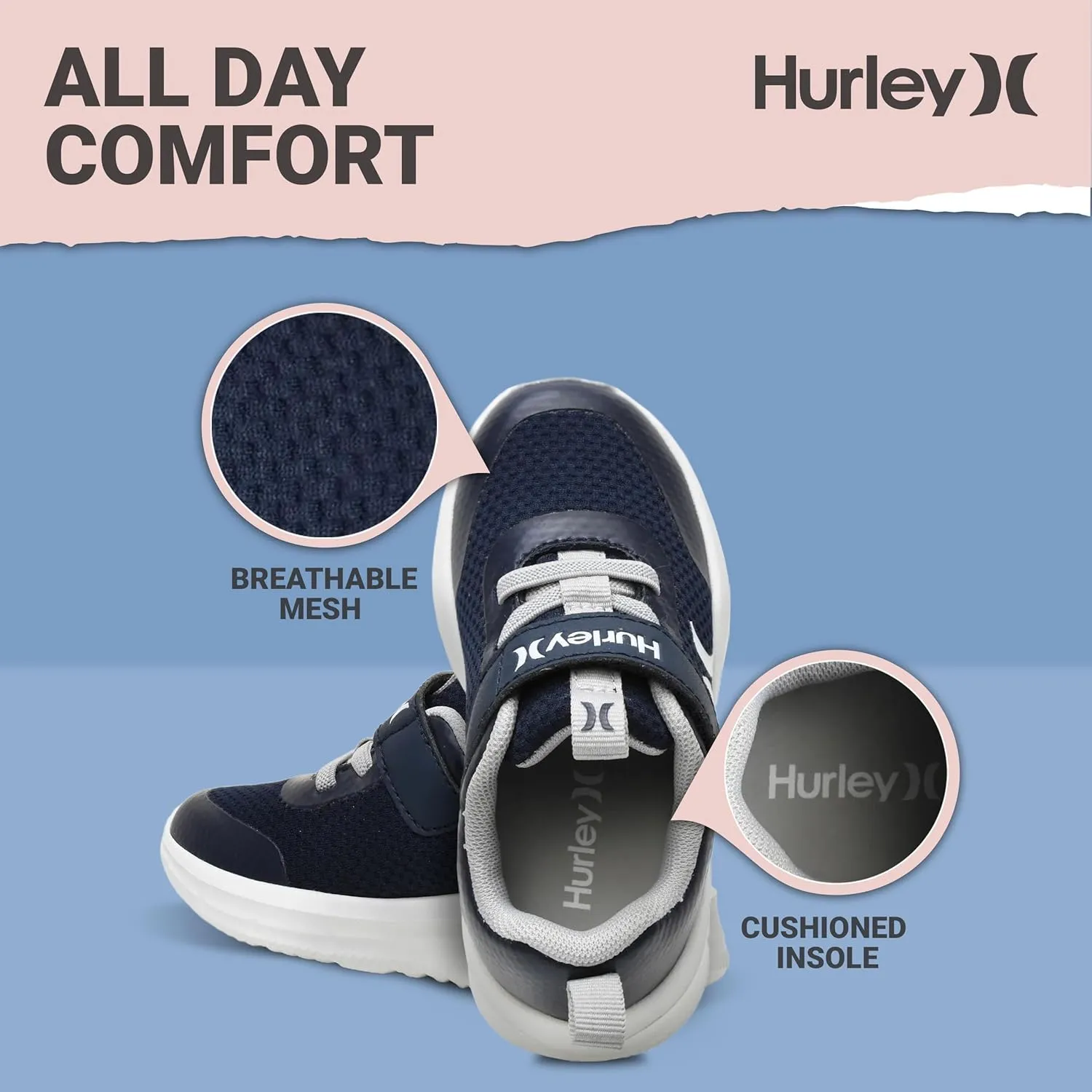 Hurley Kids Matson Athletic Sneakers with Adjustable Strap for Boys and Girls, Lightweight and Breathable Sports Sneakers, Kid's Running or Walking Shoes, Toddlers, Little Kids, and Big Kids