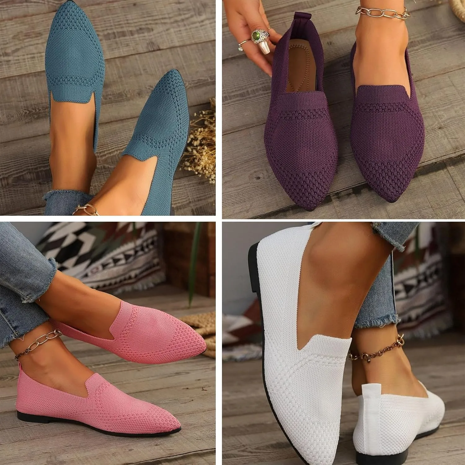 JITUUE Women's Fashion Knit Breathable Loafer Flats Slip-Ons Pointy Toe Walking Driving Shoes Comfortable Casual Penny Loafer