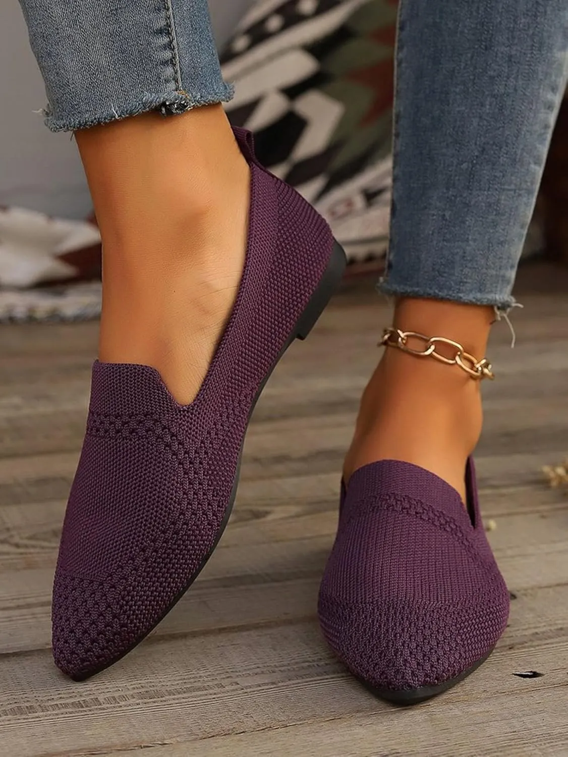 JITUUE Women's Fashion Knit Breathable Loafer Flats Slip-Ons Pointy Toe Walking Driving Shoes Comfortable Casual Penny Loafer