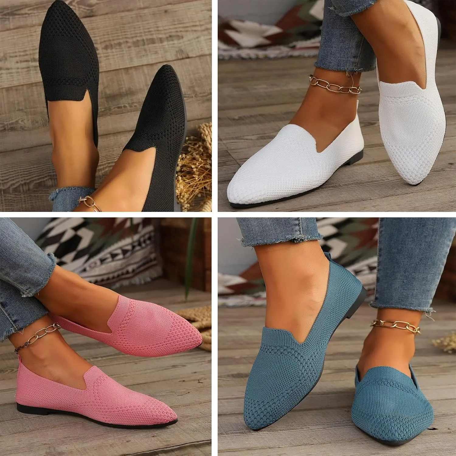JITUUE Women's Fashion Knit Breathable Loafer Flats Slip-Ons Pointy Toe Walking Driving Shoes Comfortable Casual Penny Loafer