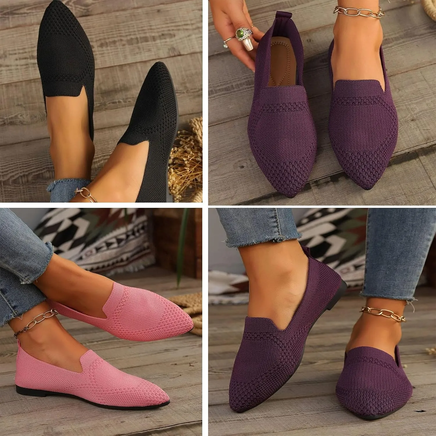 JITUUE Women's Fashion Knit Breathable Loafer Flats Slip-Ons Pointy Toe Walking Driving Shoes Comfortable Casual Penny Loafer
