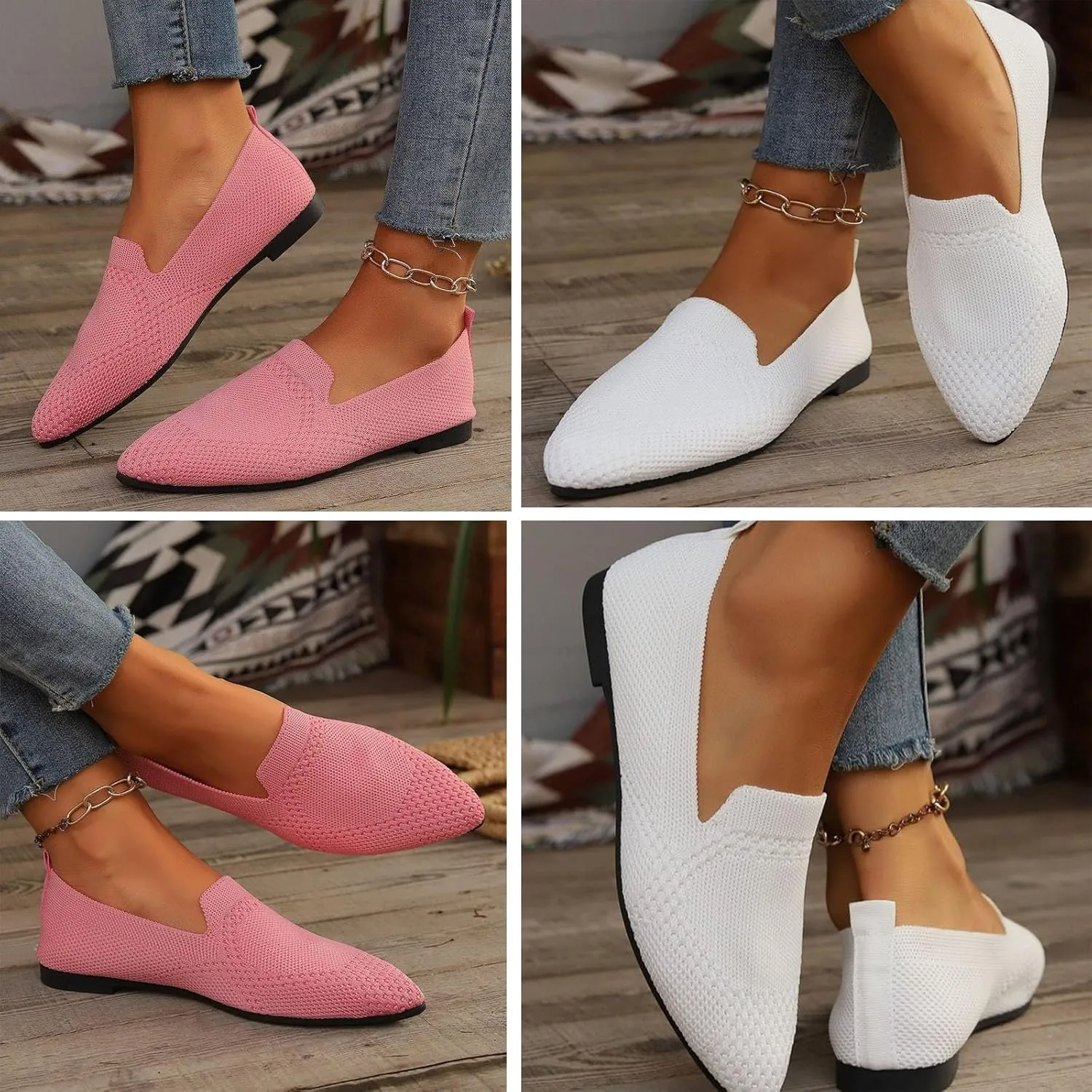 JITUUE Women's Fashion Knit Breathable Loafer Flats Slip-Ons Pointy Toe Walking Driving Shoes Comfortable Casual Penny Loafer