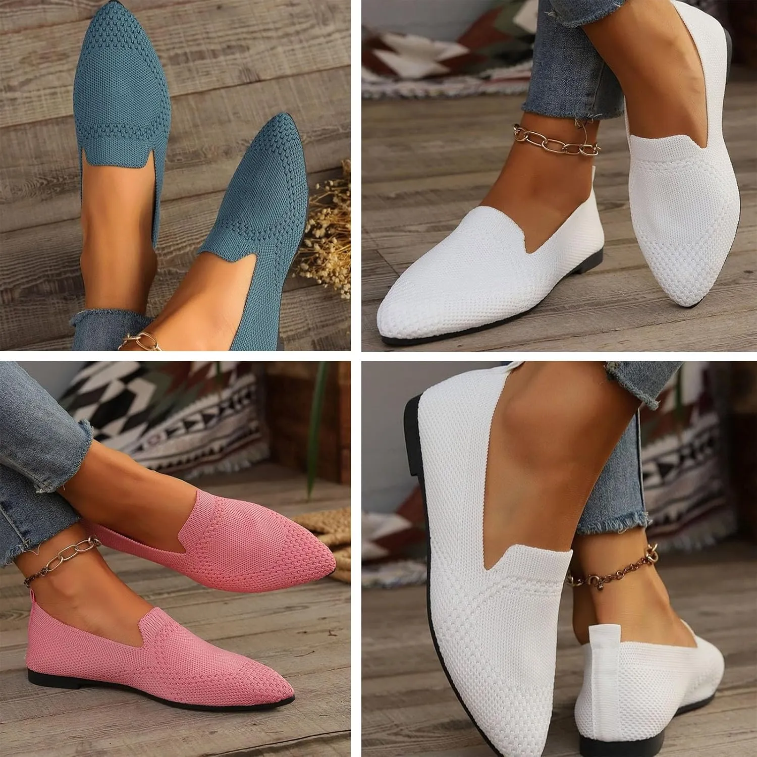 JITUUE Women's Fashion Knit Breathable Loafer Flats Slip-Ons Pointy Toe Walking Driving Shoes Comfortable Casual Penny Loafer