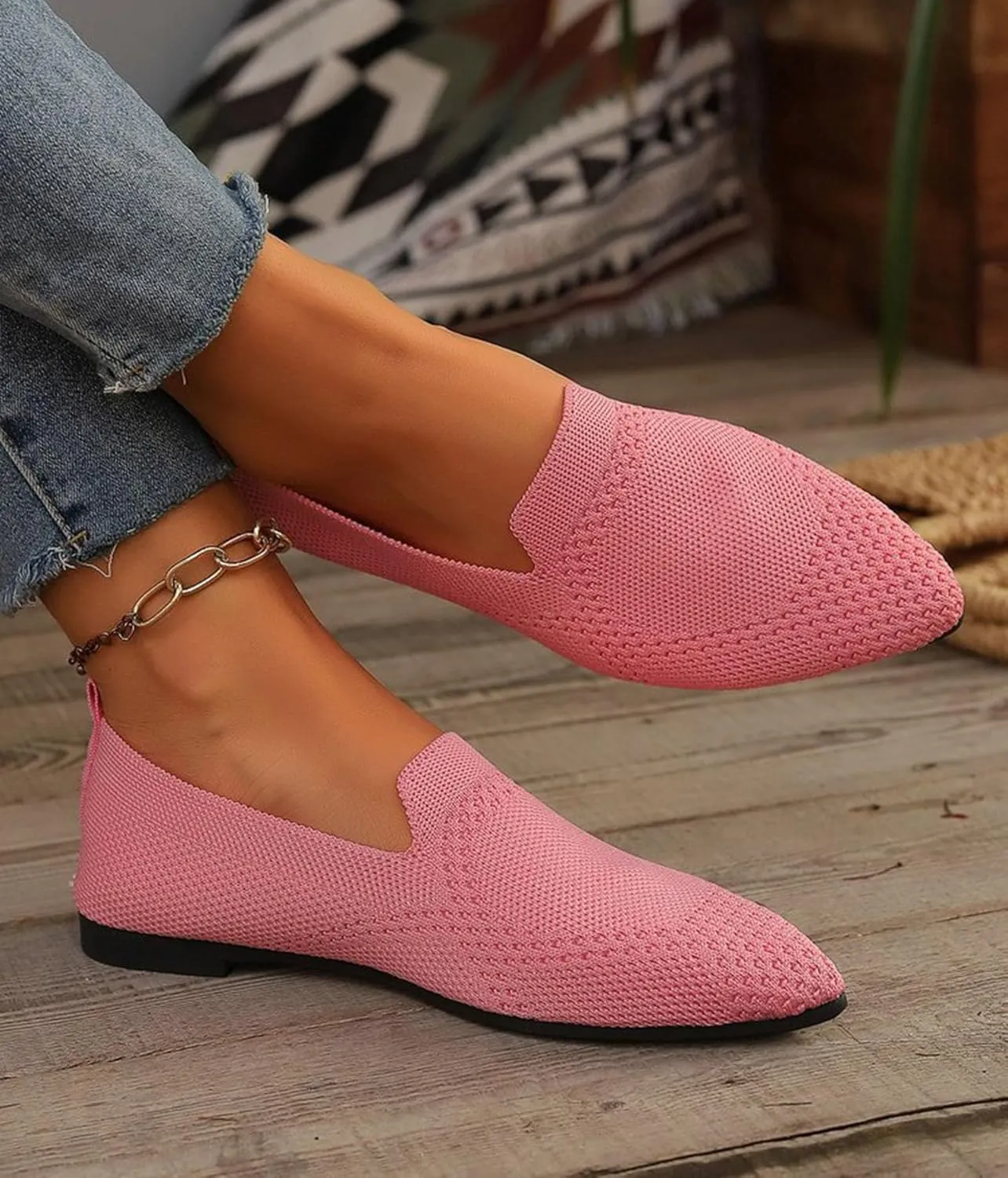 JITUUE Women's Fashion Knit Breathable Loafer Flats Slip-Ons Pointy Toe Walking Driving Shoes Comfortable Casual Penny Loafer
