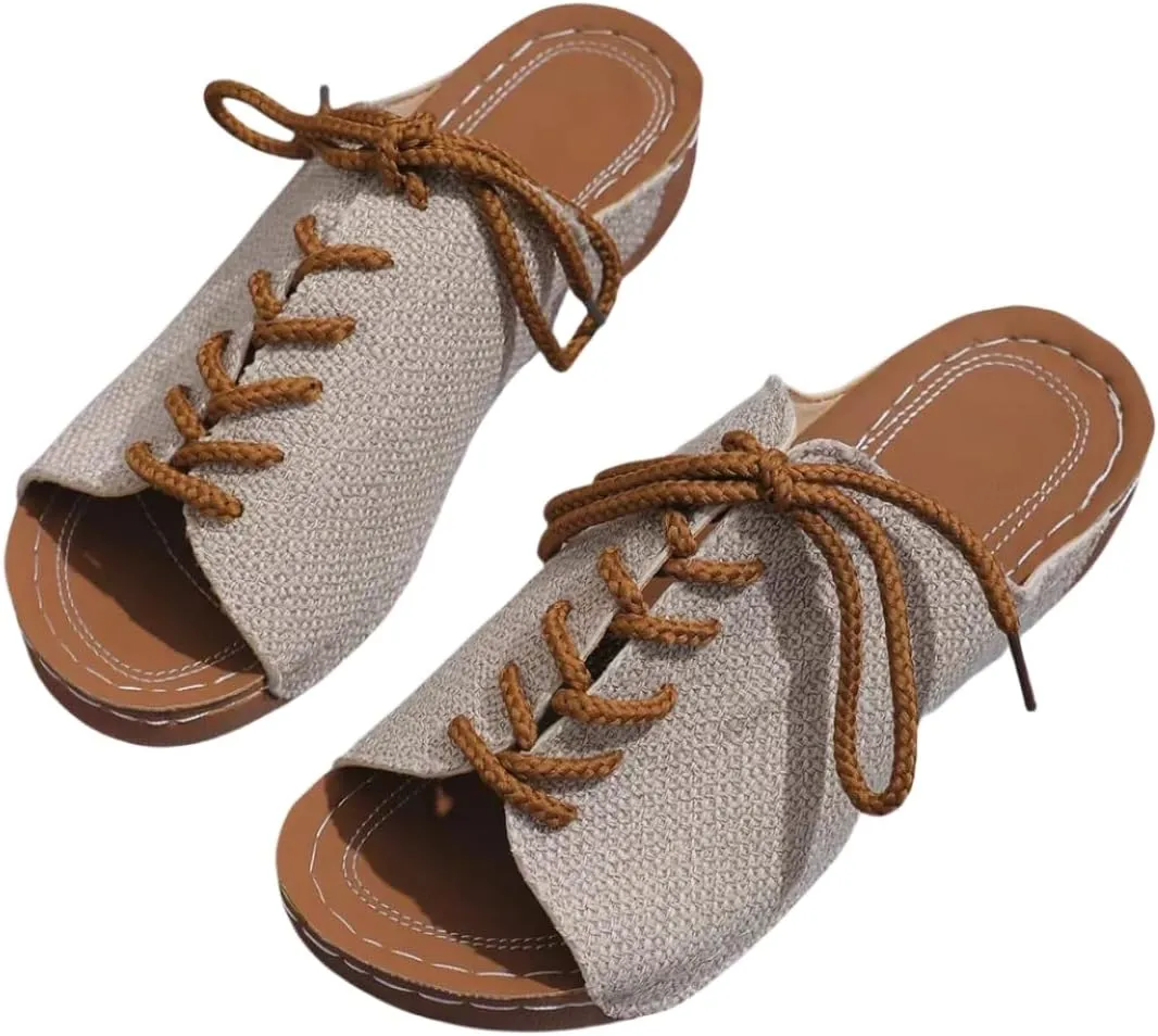 JUCHONGCHANG.Women's Lace-Up Peep Toe Sandals, Canvas Summer Slippers, Beige with Brown Laces