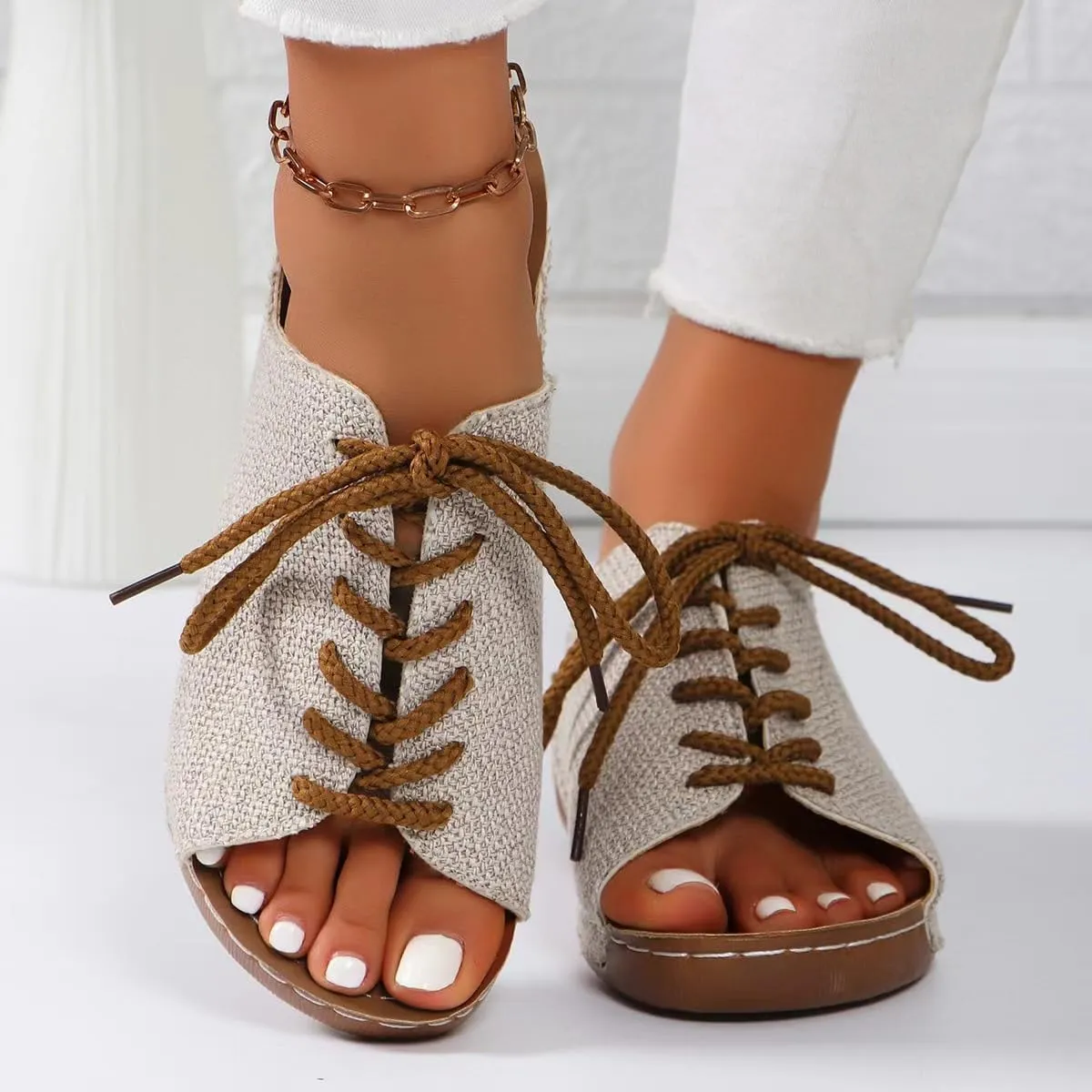 JUCHONGCHANG.Women's Lace-Up Peep Toe Sandals, Canvas Summer Slippers, Beige with Brown Laces