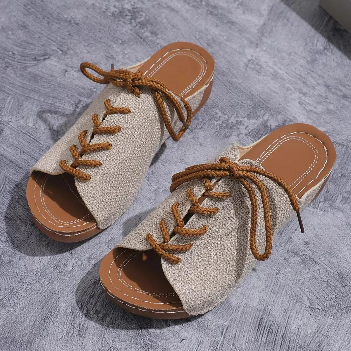 JUCHONGCHANG.Women's Lace-Up Peep Toe Sandals, Canvas Summer Slippers, Beige with Brown Laces