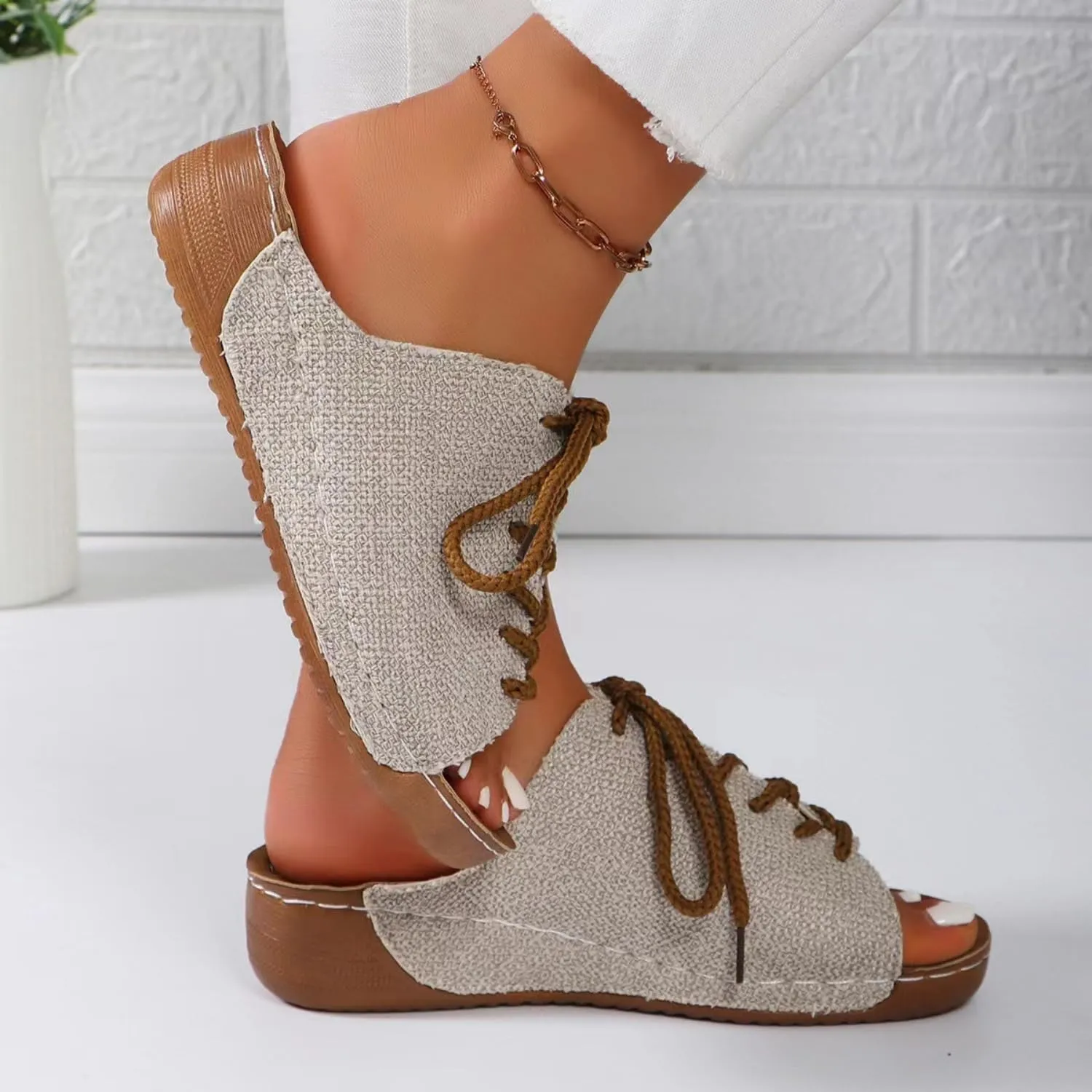JUCHONGCHANG.Women's Lace-Up Peep Toe Sandals, Canvas Summer Slippers, Beige with Brown Laces