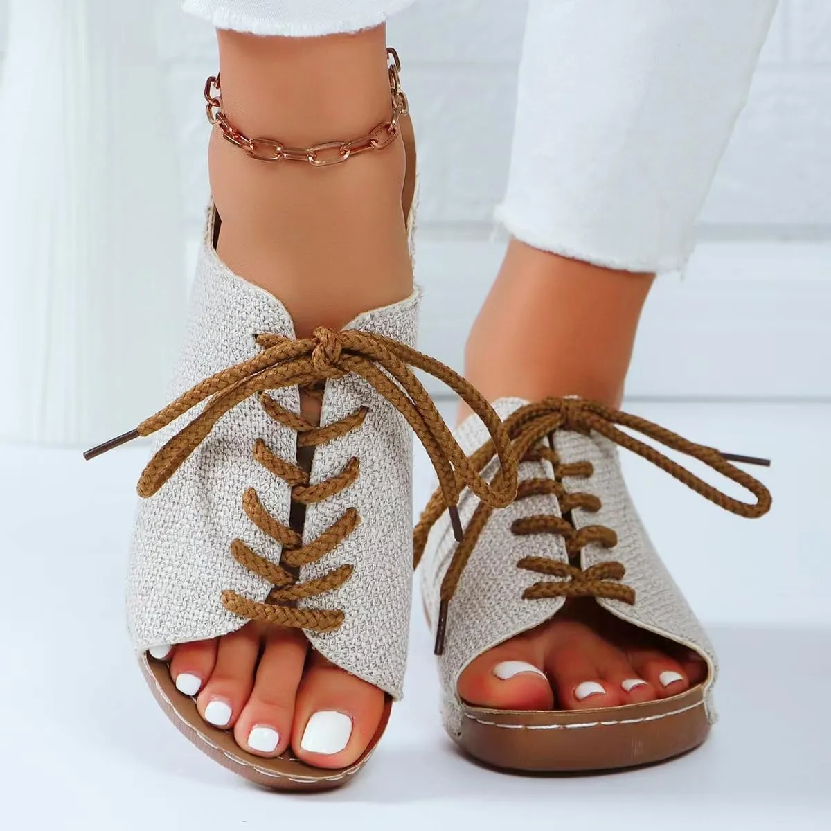JUCHONGCHANG.Women's Lace-Up Peep Toe Sandals, Canvas Summer Slippers, Beige with Brown Laces