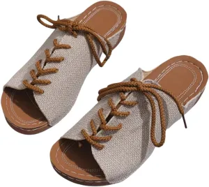 JUCHONGCHANG.Women's Lace-Up Peep Toe Sandals, Canvas Summer Slippers, Beige with Brown Laces