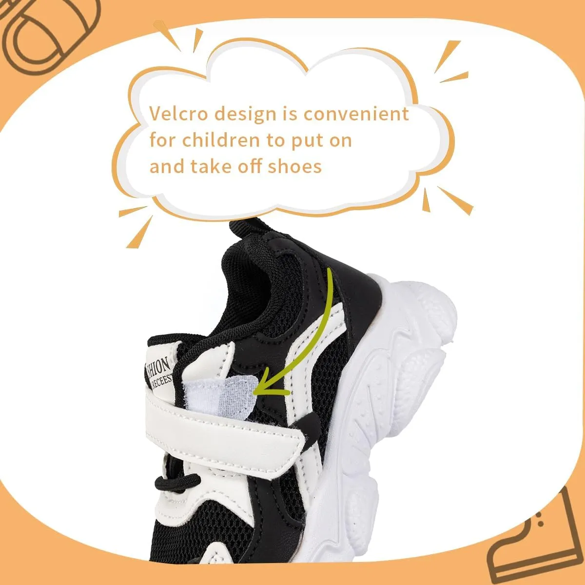 Kids Athletic Sneakers, Black and White, Hook and Loop Strap, Mesh Running Shoes