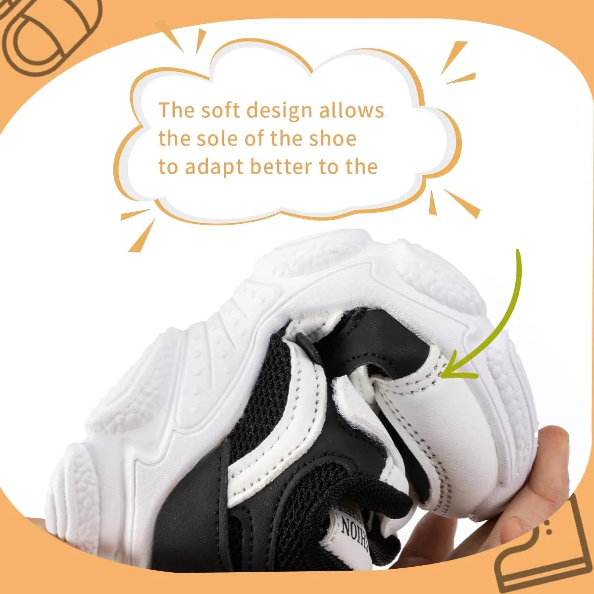 Kids Athletic Sneakers, Black and White, Hook and Loop Strap, Mesh Running Shoes
