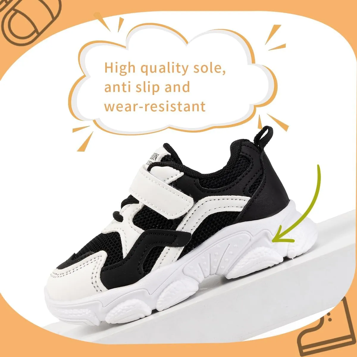 Kids Athletic Sneakers, Black and White, Hook and Loop Strap, Mesh Running Shoes