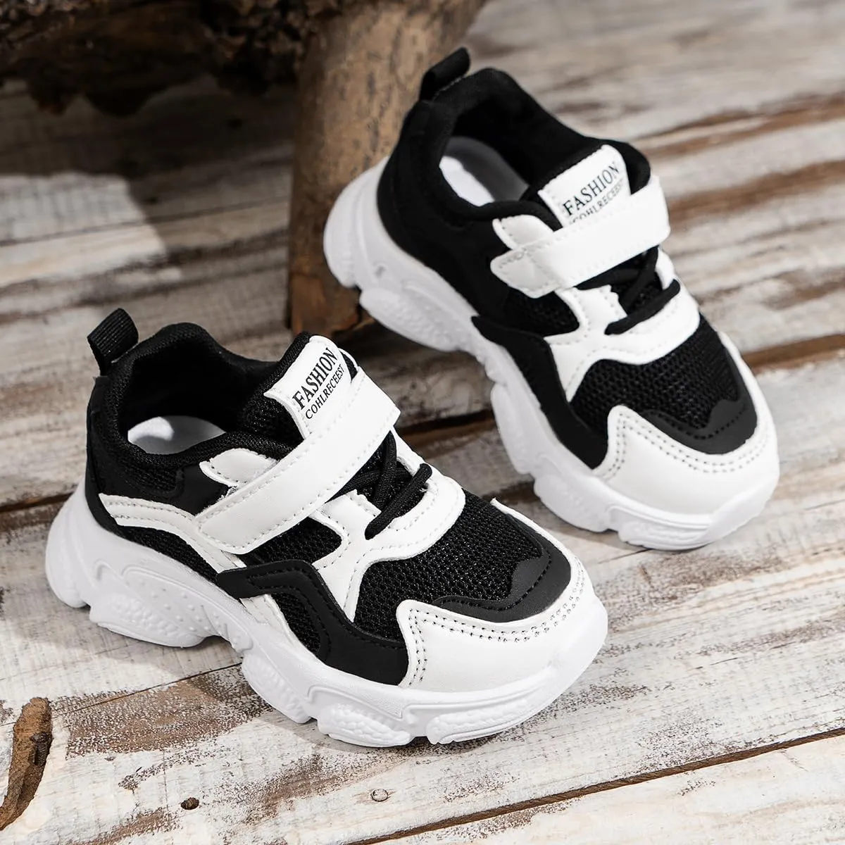Kids Athletic Sneakers, Black and White, Hook and Loop Strap, Mesh Running Shoes