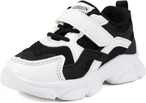 Kids Athletic Sneakers, Black and White, Hook and Loop Strap, Mesh Running Shoes