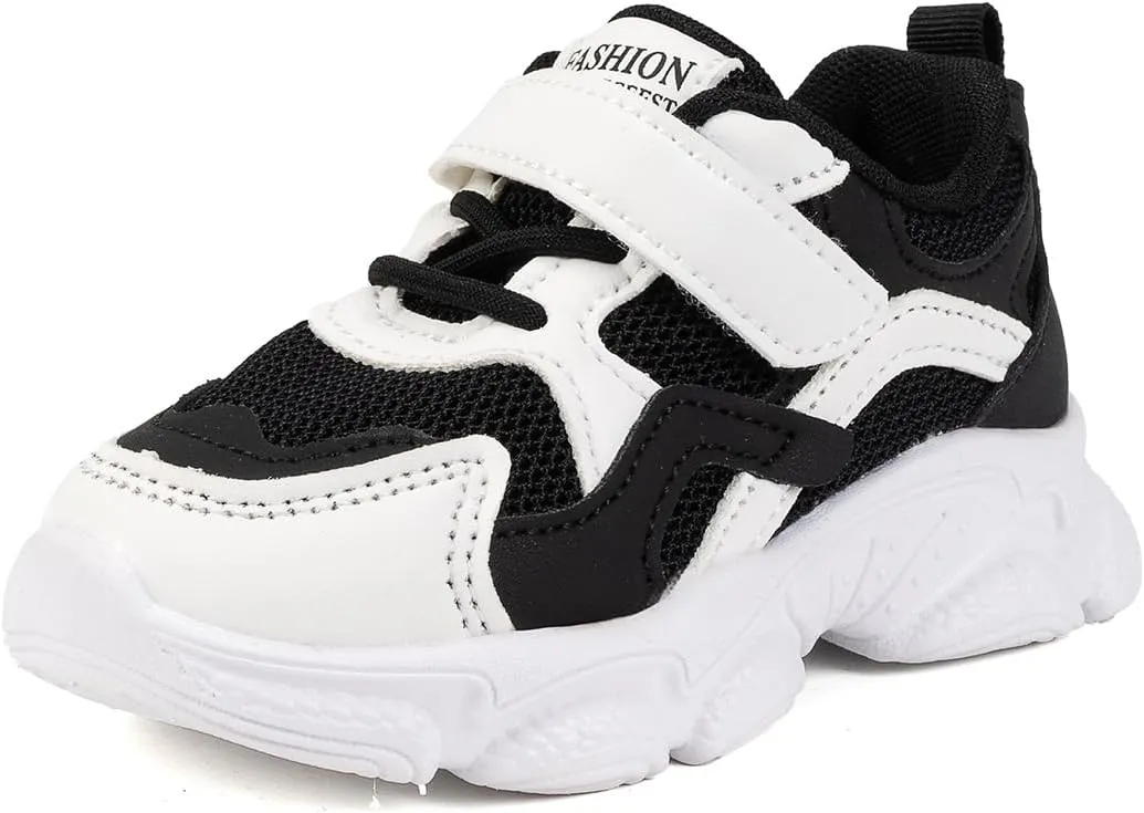 Kids Athletic Sneakers, Black and White, Hook and Loop Strap, Mesh Running Shoes