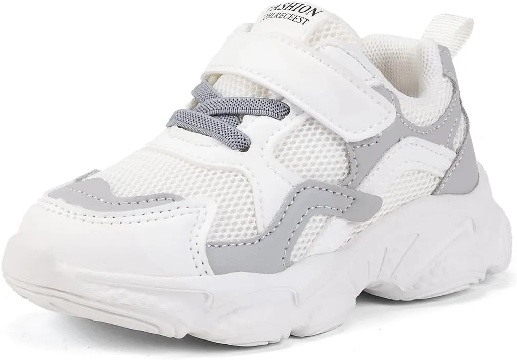 Kids Athletic Sneakers, Mesh Breathable Running Shoes, Hook and Loop, White/Gray
