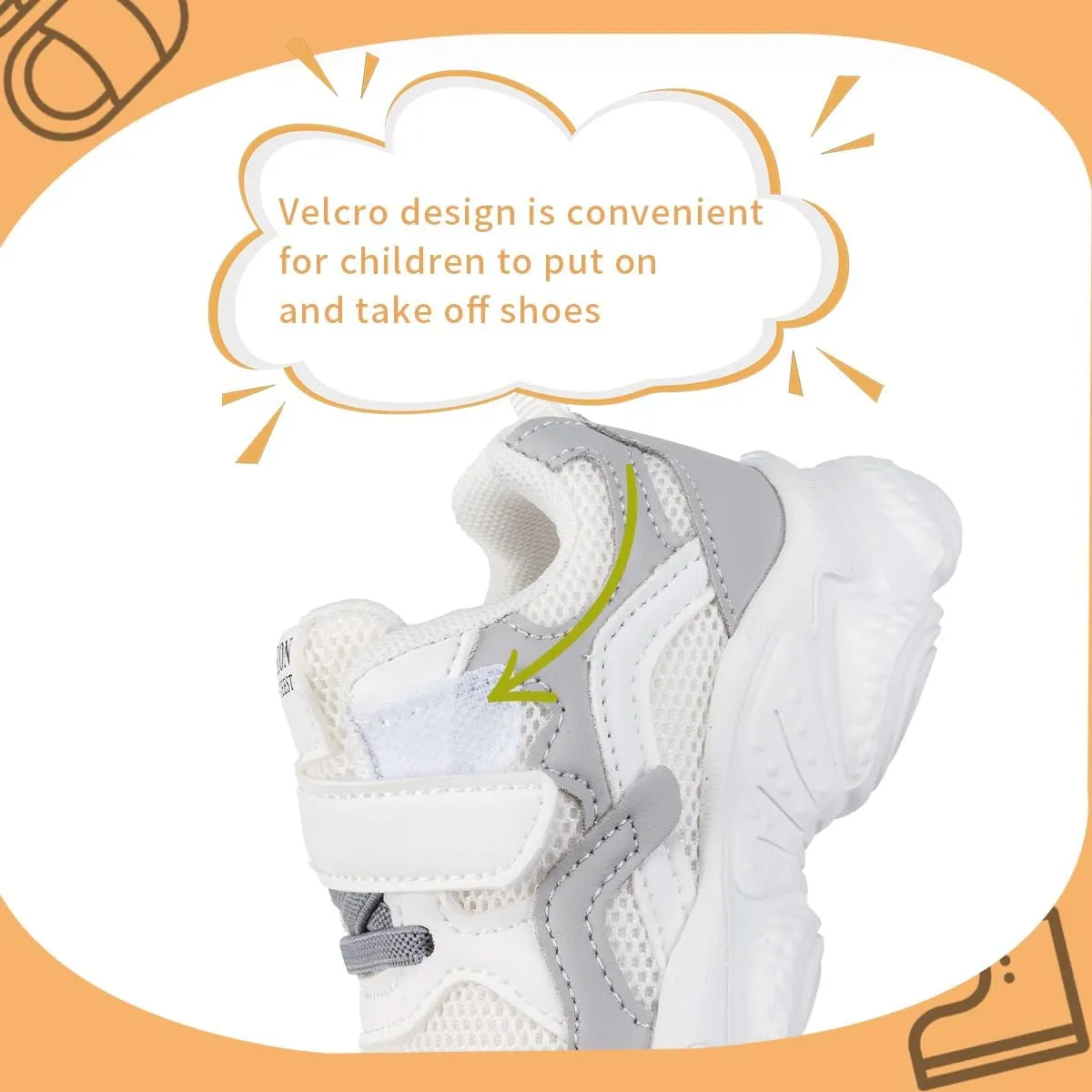 Kids Athletic Sneakers, Mesh Breathable Running Shoes, Hook and Loop, White/Gray