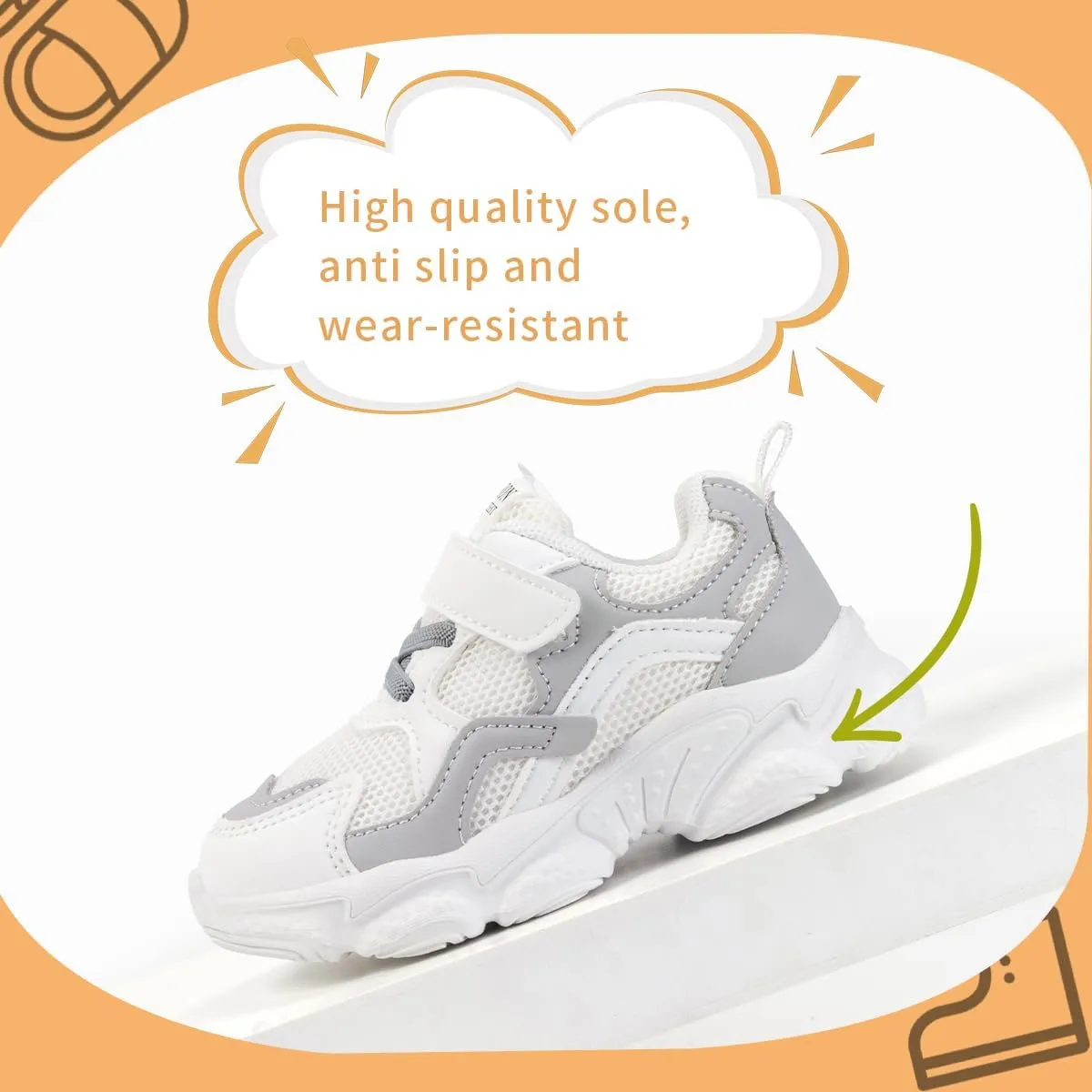 Kids Athletic Sneakers, Mesh Breathable Running Shoes, Hook and Loop, White/Gray