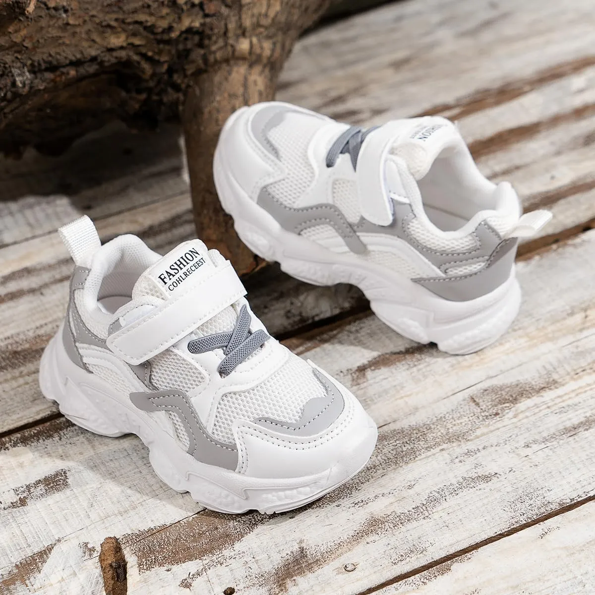 Kids Athletic Sneakers, Mesh Breathable Running Shoes, Hook and Loop, White/Gray