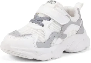 Kids Athletic Sneakers, Mesh Breathable Running Shoes, Hook and Loop, White/Gray