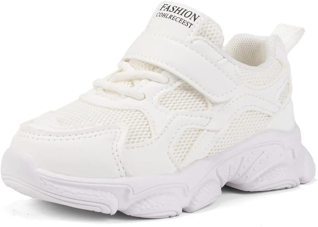 Kids Mesh Athletic Sneakers, Hook and Loop Strap, Breathable Running Shoes, All White