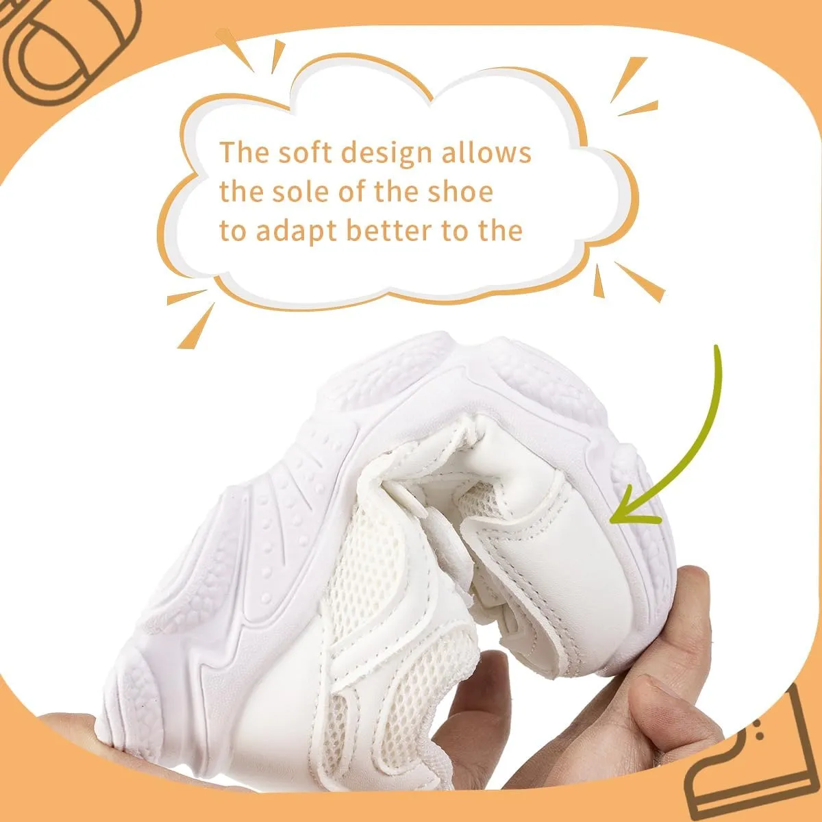 Kids Mesh Athletic Sneakers, Hook and Loop Strap, Breathable Running Shoes, All White
