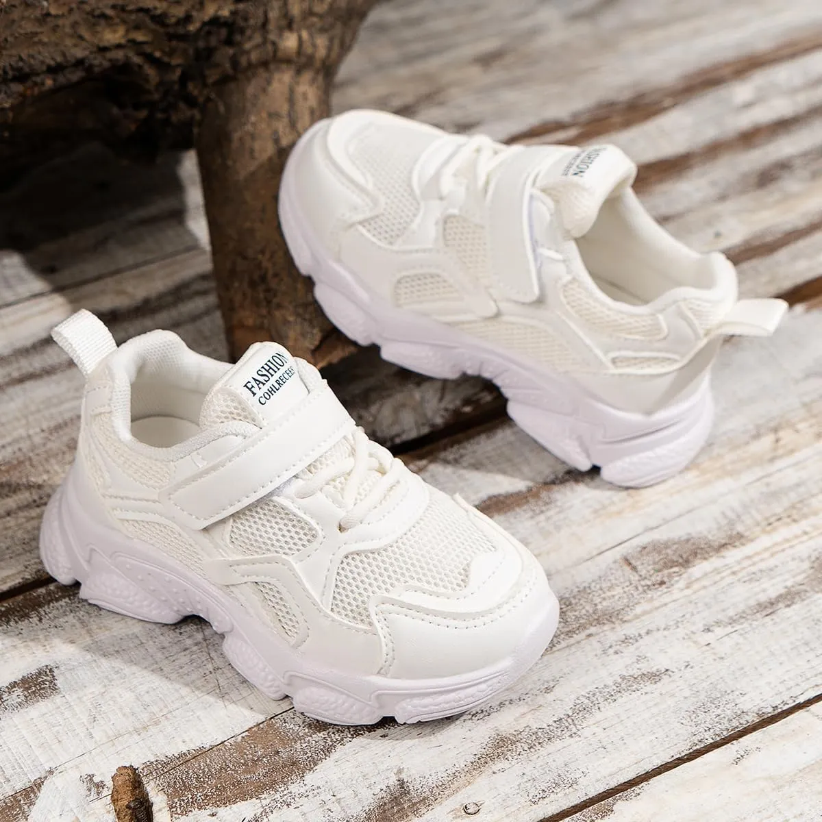 Kids Mesh Athletic Sneakers, Hook and Loop Strap, Breathable Running Shoes, All White