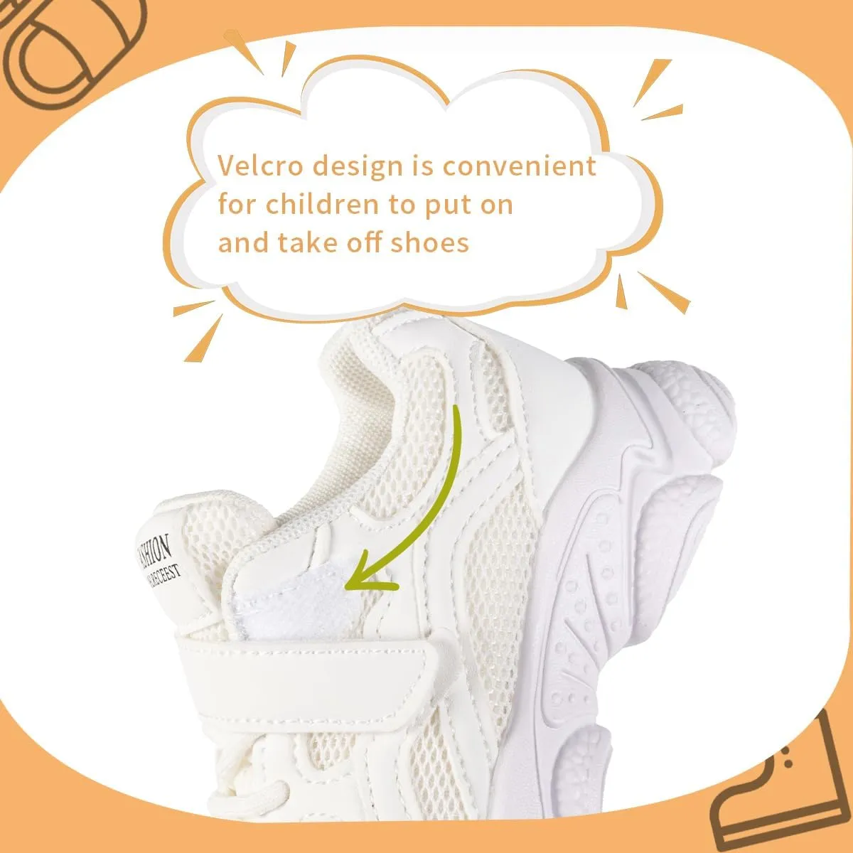Kids Mesh Athletic Sneakers, Hook and Loop Strap, Breathable Running Shoes, All White