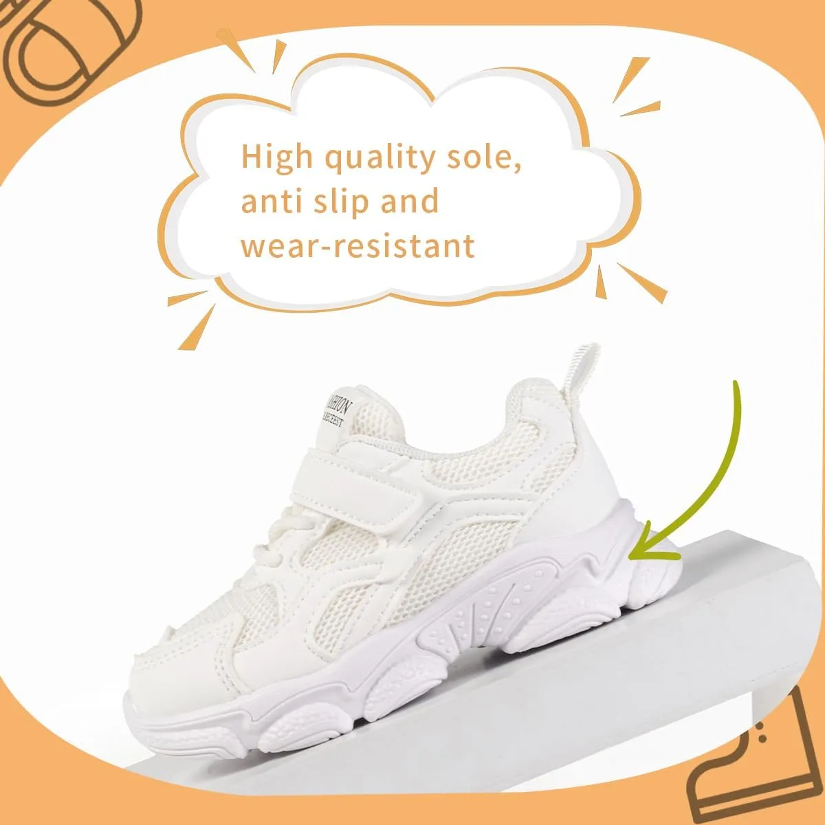 Kids Mesh Athletic Sneakers, Hook and Loop Strap, Breathable Running Shoes, All White