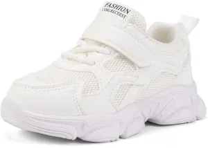 Kids Mesh Athletic Sneakers, Hook and Loop Strap, Breathable Running Shoes, All White
