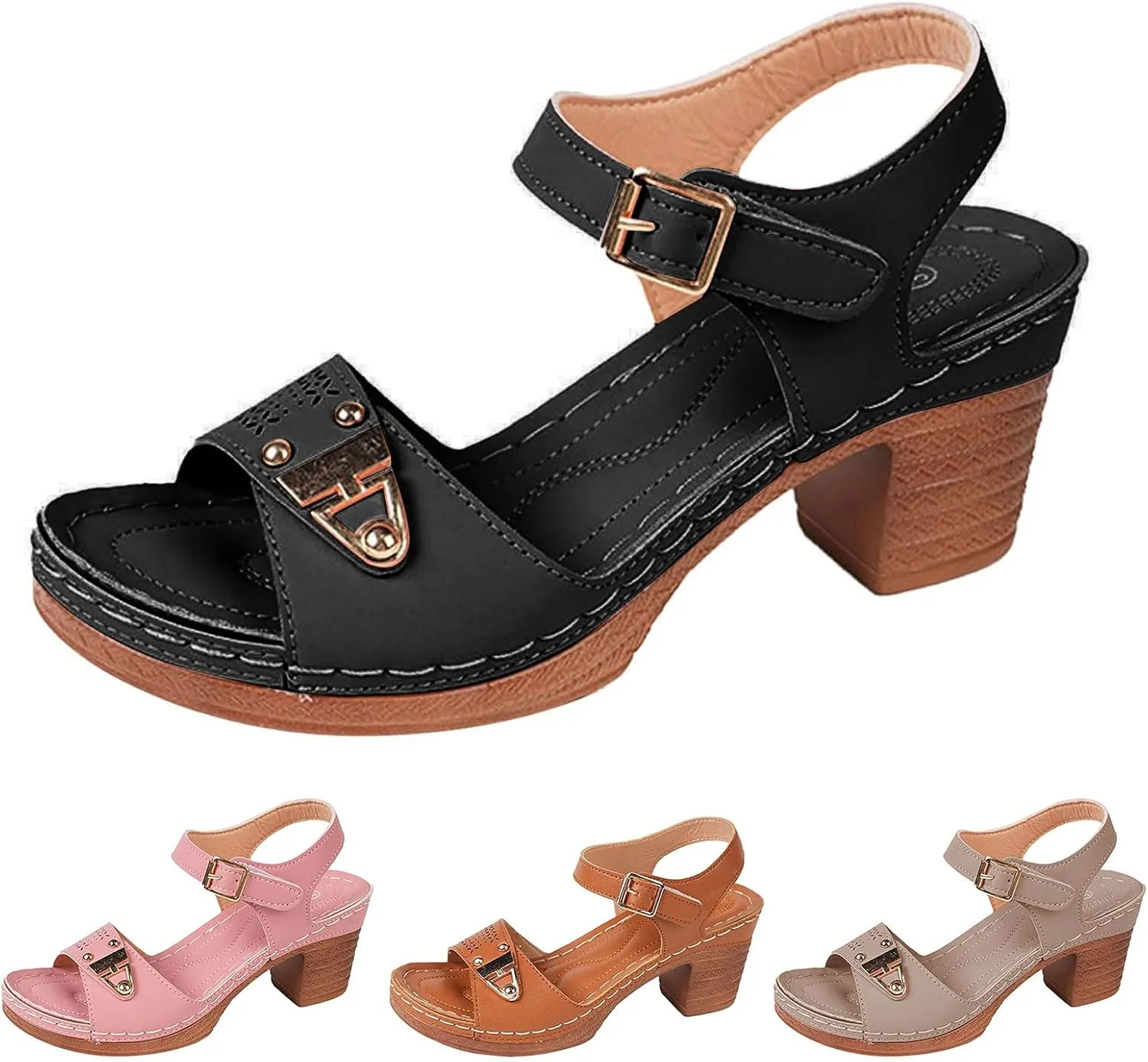 Kubbon Chunky Heels for Women Open Toe Wedge Heels Sandals Open Toe Ankle Strap Dressy Sandals Holiday Party Pumps Shoes Beach Vacation Sandles
