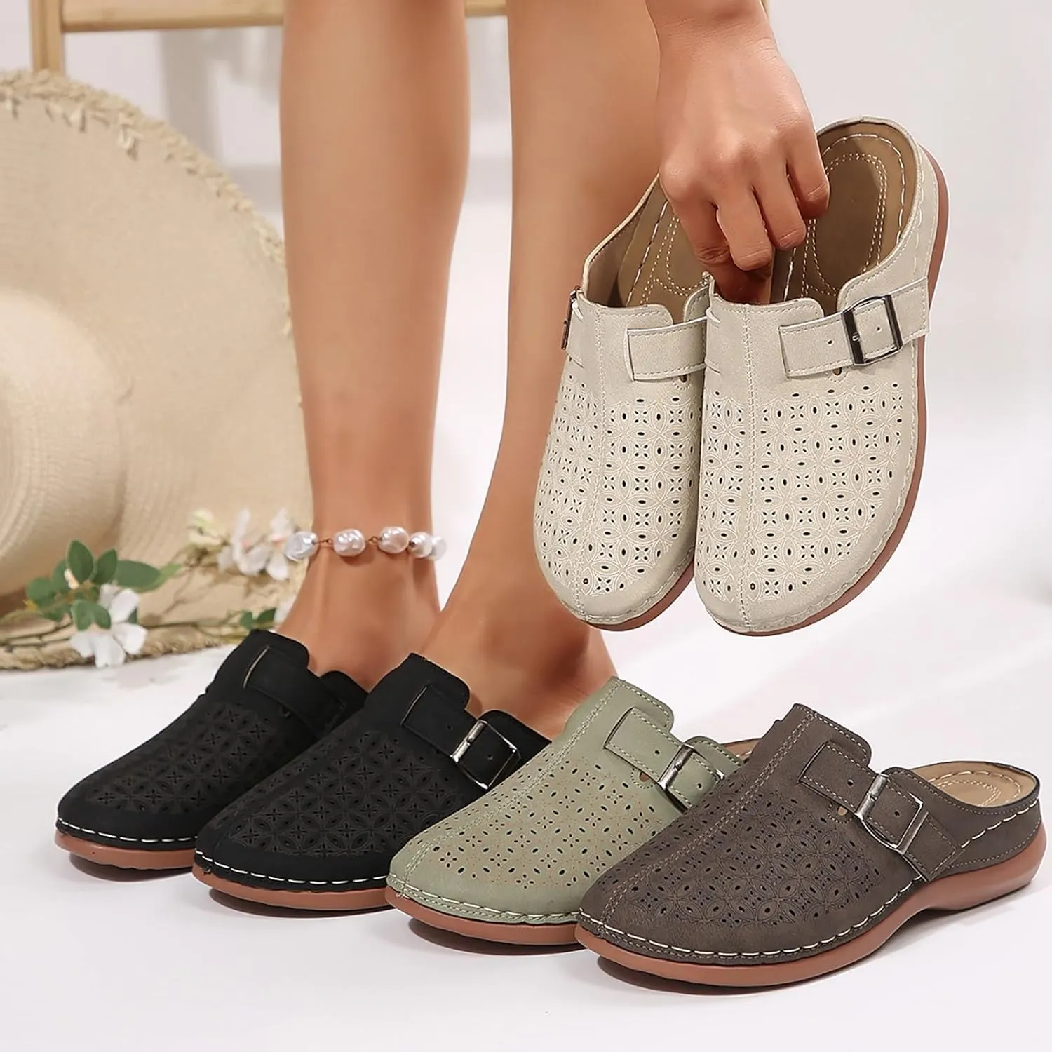 Kubbon Mules for Women Comfort Closed Toe Sandals Dressy Summer Closed Toe Mules Summer Slip on Wedge with Adjustable Hook Loop Arch Support Sandals