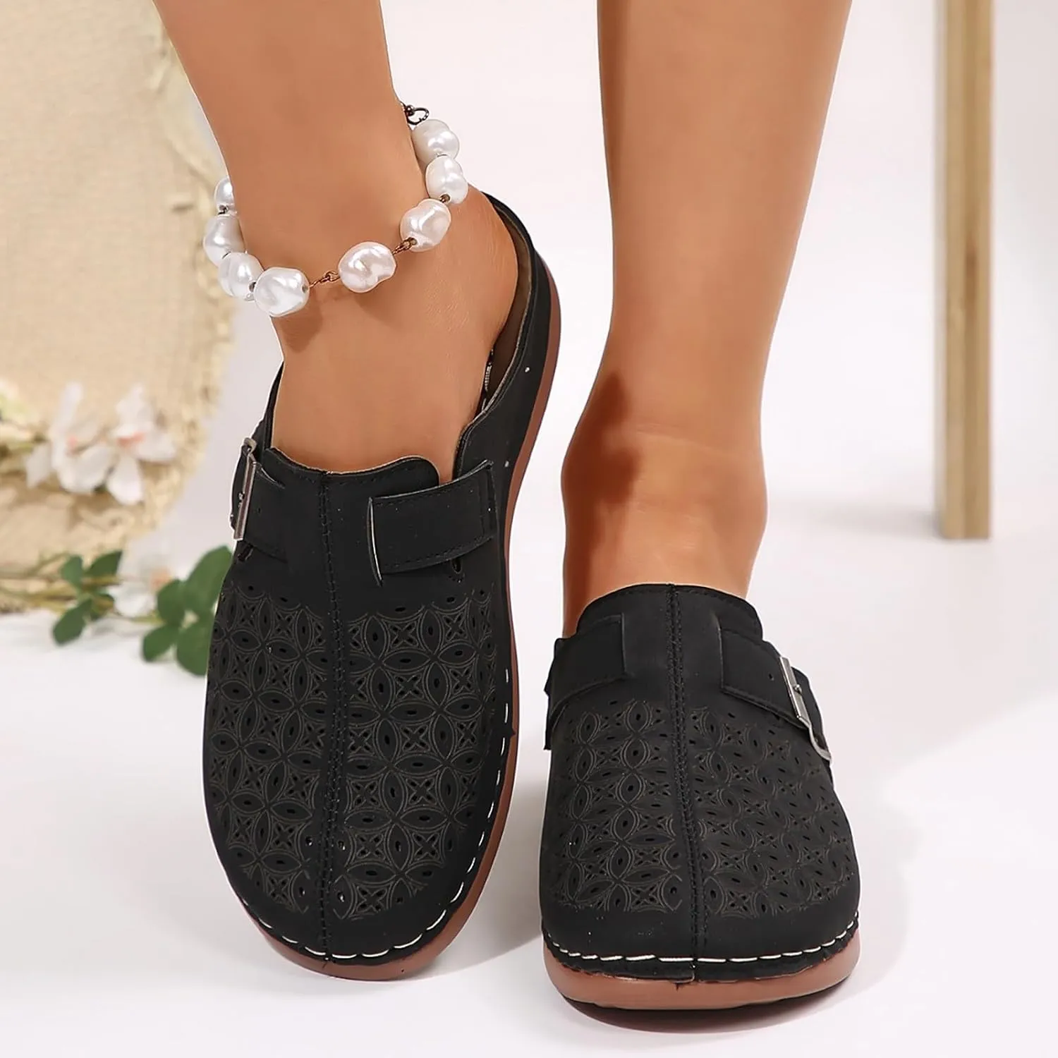 Kubbon Mules for Women Comfort Closed Toe Sandals Dressy Summer Closed Toe Mules Summer Slip on Wedge with Adjustable Hook Loop Arch Support Sandals