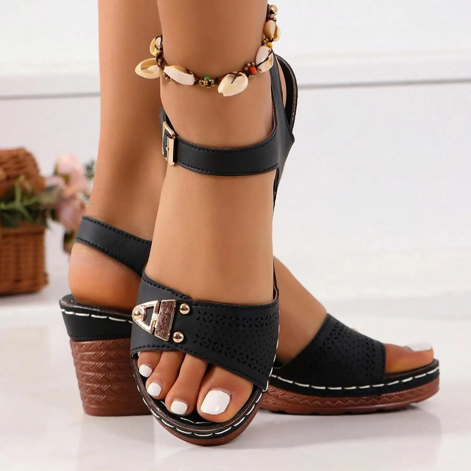 Kubbon Orthopedic Wedge Sandals for Women Chunky High Heel Open Toe Sandals Comfortable Elegant Adjustable Strap Platform Sandles Vacation Beach Walking Shoes