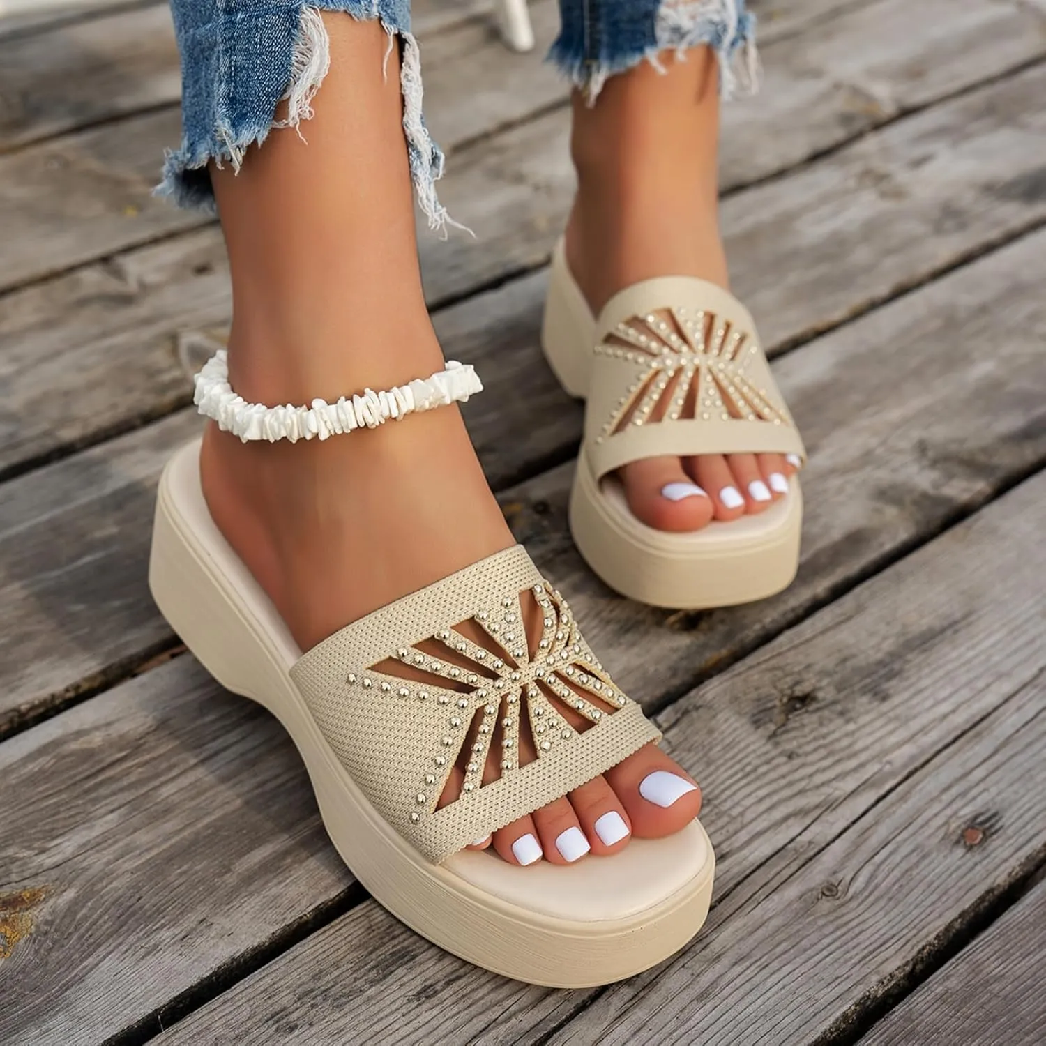 Kubbon Slip On Wedge Sandals for Women Platform Slides Sandals Open Toe Summer Beach Sandal Backless Slippers with Arch Support Walking Shoes