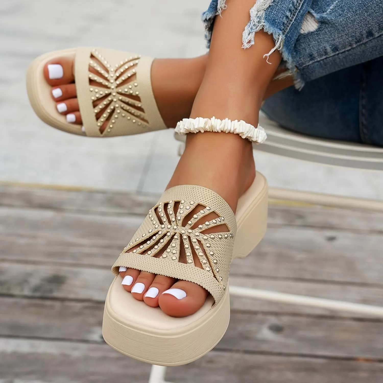 Kubbon Slip On Wedge Sandals for Women Platform Slides Sandals Open Toe Summer Beach Sandal Backless Slippers with Arch Support Walking Shoes
