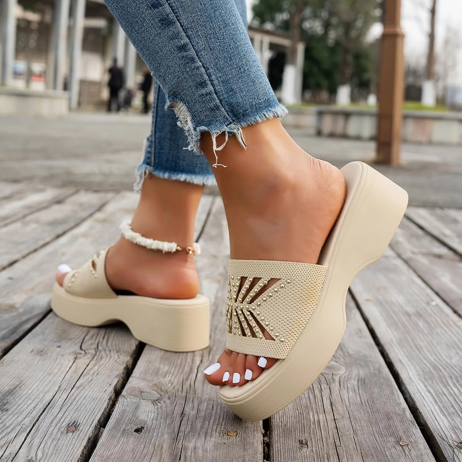 Kubbon Slip On Wedge Sandals for Women Platform Slides Sandals Open Toe Summer Beach Sandal Backless Slippers with Arch Support Walking Shoes