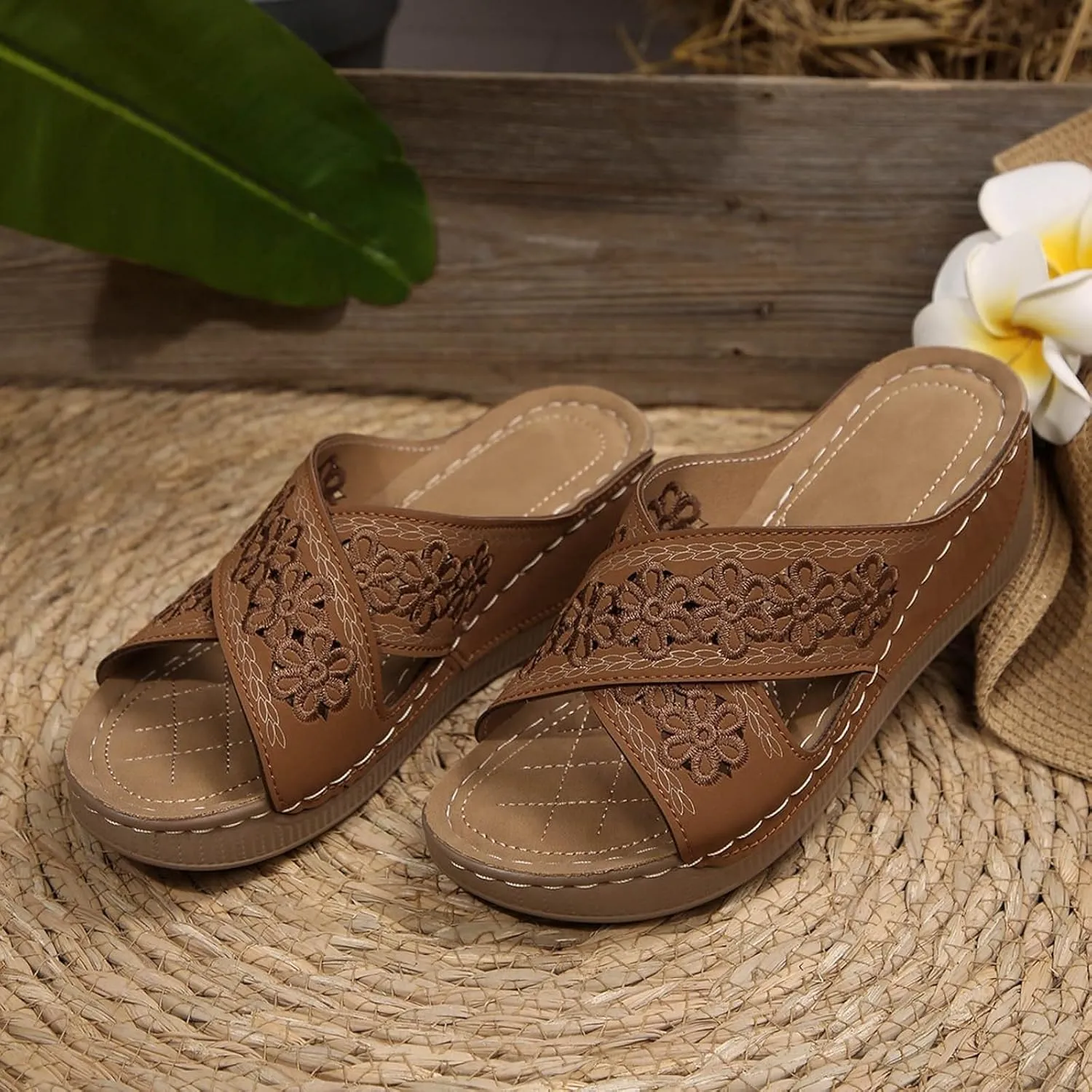 Kubbon Wedge Sandals for Women Dressy Open Toe Crisscross Woven Slip On Sandals Arch Support Walking Platform Sandal Casual Summer Beach Shoes