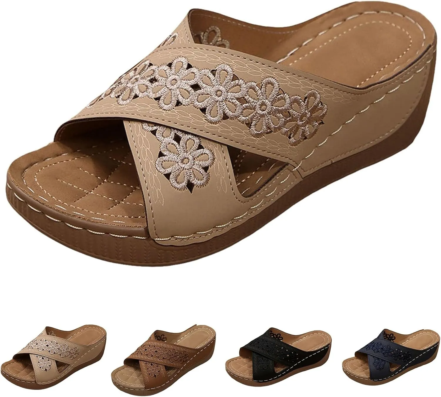 Kubbon Wedge Sandals for Women Dressy Open Toe Crisscross Woven Slip On Sandals Arch Support Walking Platform Sandal Casual Summer Beach Shoes