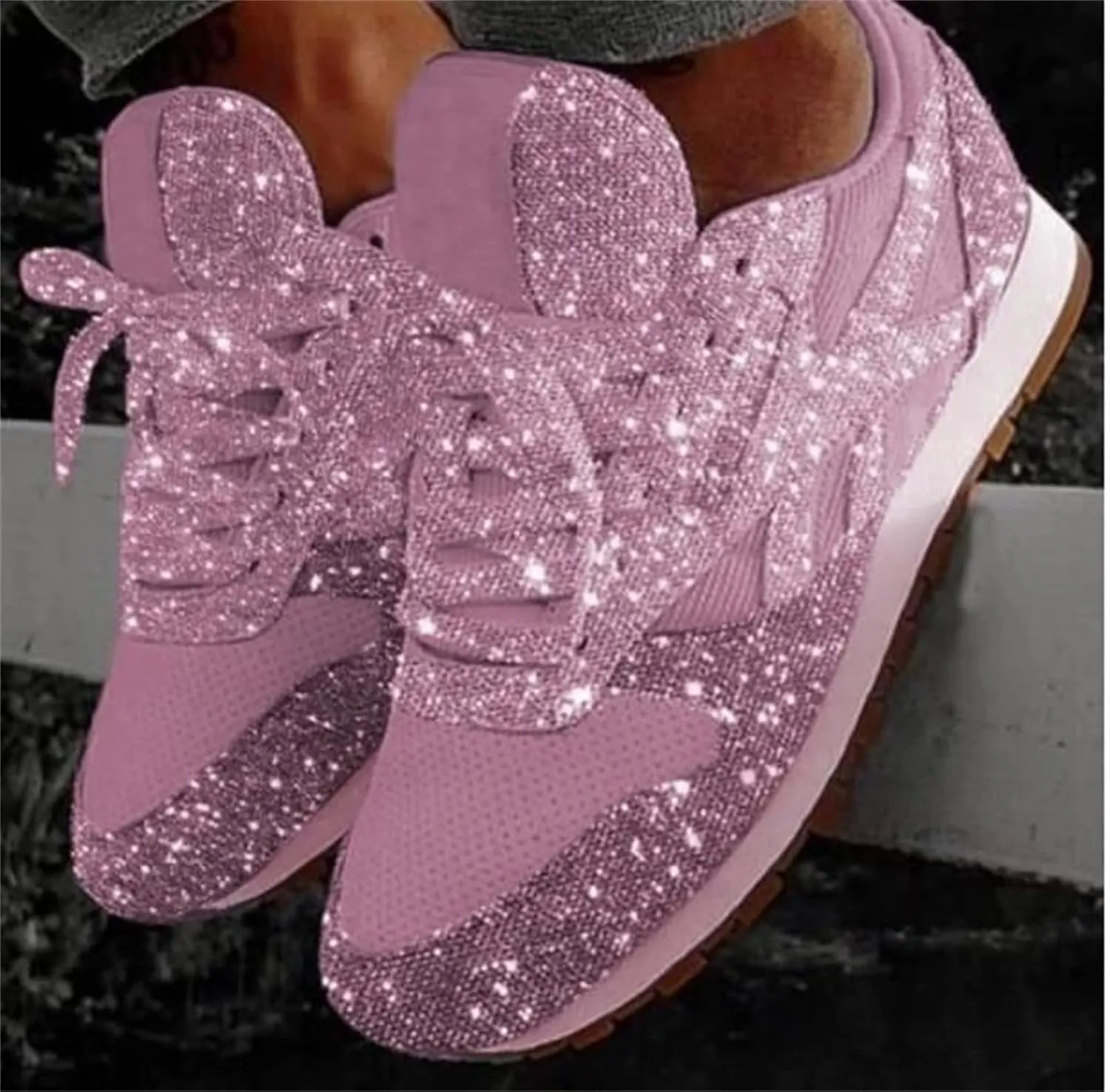 Ladmiple Sneakers For Women Walking Shoes Wide Width Rhinestone Sneakers Slip On Dressy Summer Glitter Sparkly Loafers