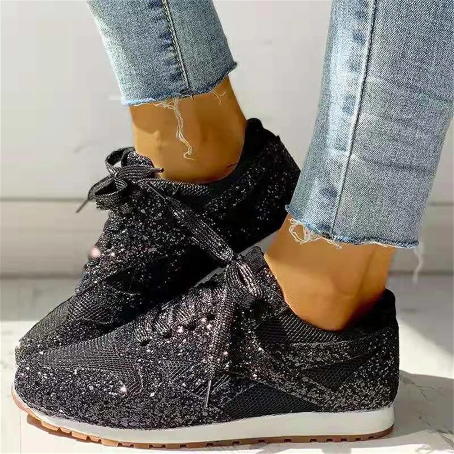 Ladmiple Sneakers For Women Walking Shoes Wide Width Rhinestone Sneakers Slip On Dressy Summer Glitter Sparkly Loafers