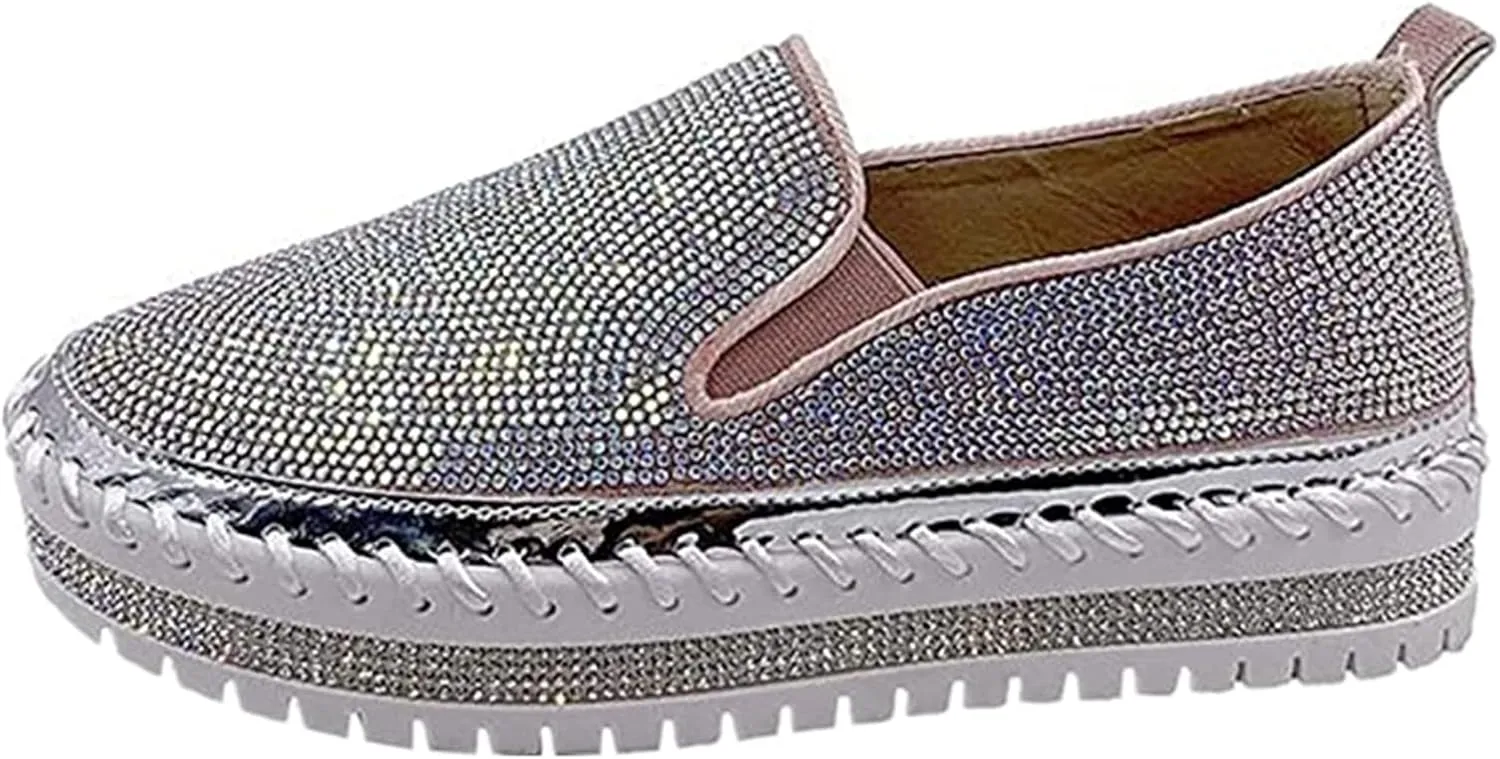 Ladmiple Sneakers For Women Walking Shoes Wide Width Rhinestone Sneakers Slip On Dressy Summer Glitter Sparkly Loafers