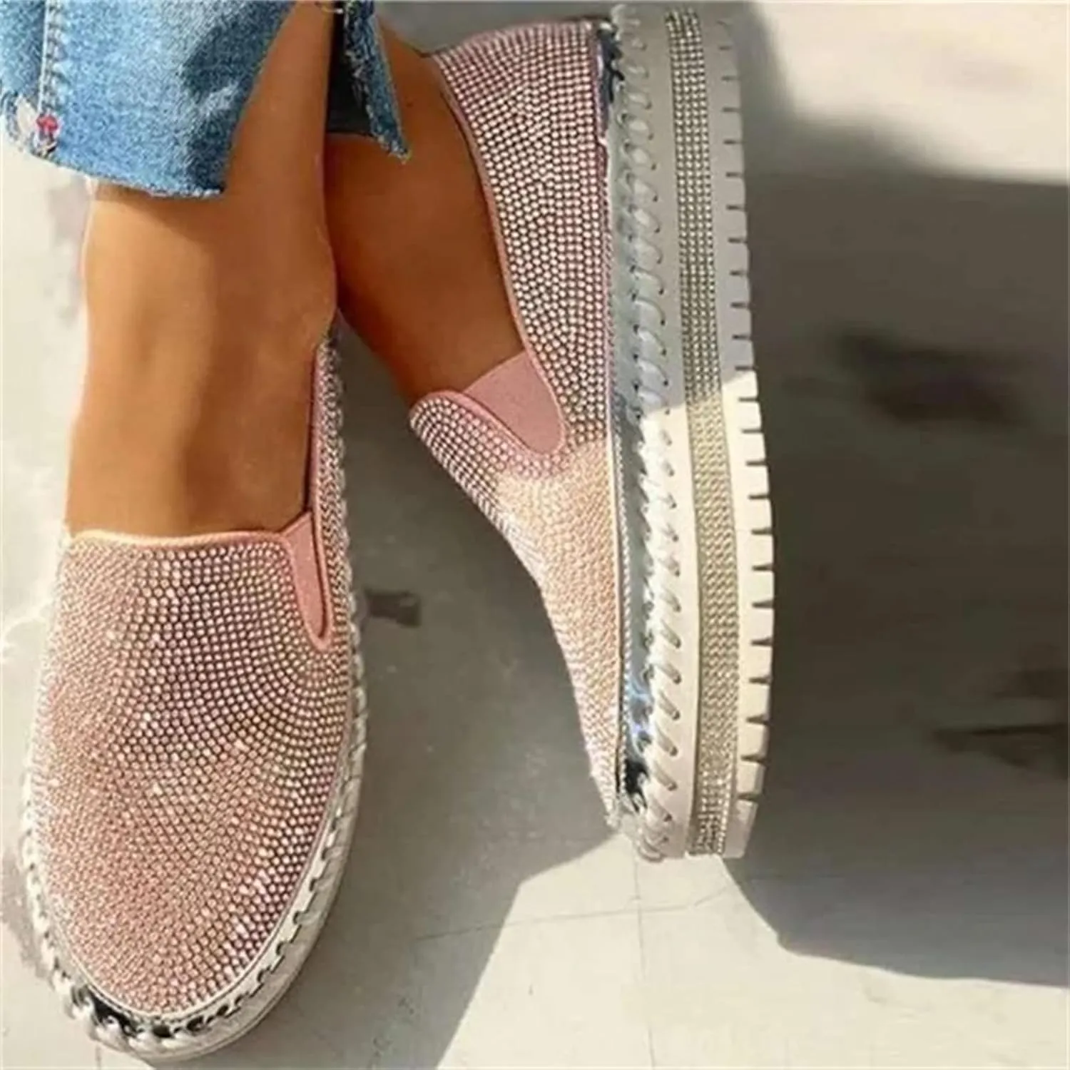 Ladmiple Sneakers For Women Walking Shoes Wide Width Rhinestone Sneakers Slip On Dressy Summer Glitter Sparkly Loafers