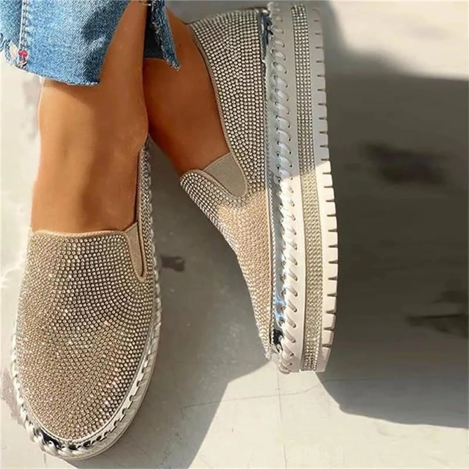 Ladmiple Sneakers For Women Walking Shoes Wide Width Slip on Glitter Shoes Fashion Dressy Summer Sparkly Flats Loafers