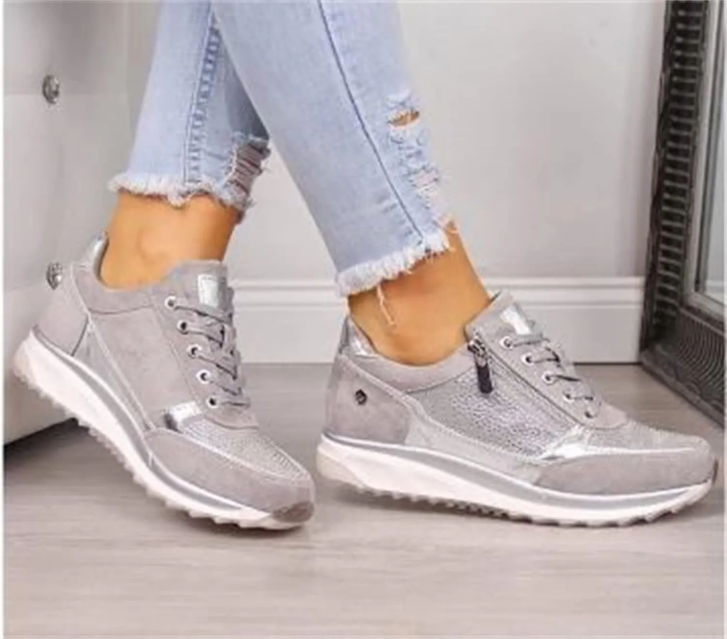 Ladmiple Sneakers For Women Walking Shoes Wide Width Slip on Glitter Shoes Fashion Dressy Summer Sparkly Flats Loafers