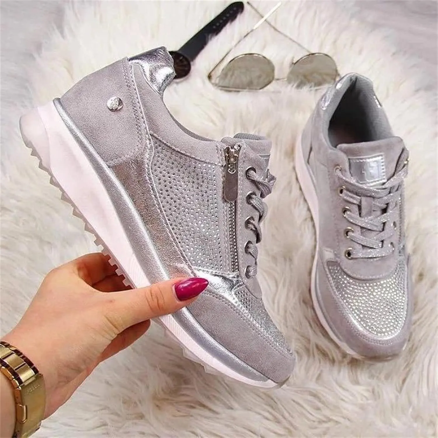 Ladmiple Sneakers For Women Walking Shoes Wide Width Slip on Glitter Shoes Fashion Dressy Summer Sparkly Flats Loafers