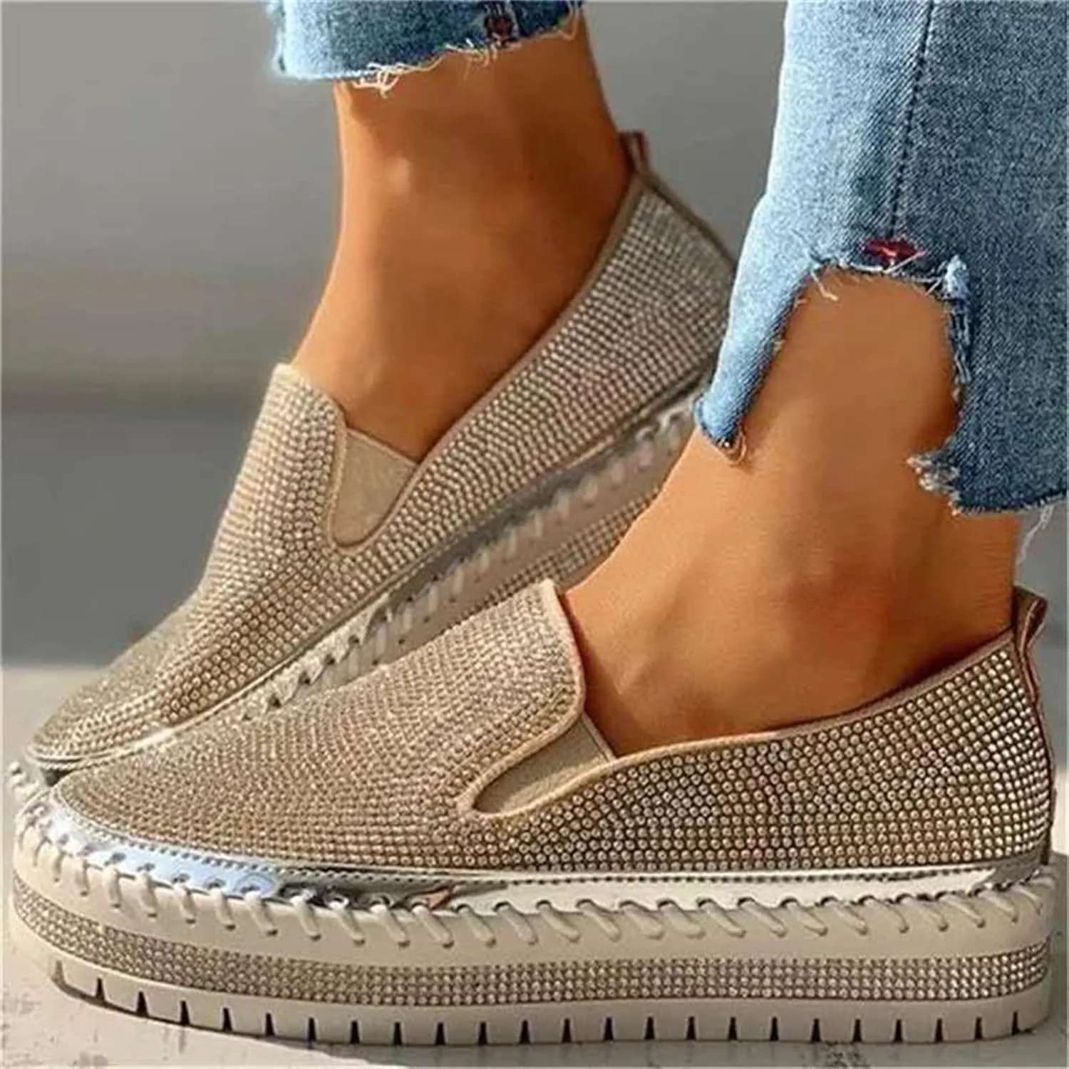 Ladmiple Sneakers For Women Walking Shoes Wide Width Slip on Glitter Shoes Fashion Dressy Summer Sparkly Flats Loafers